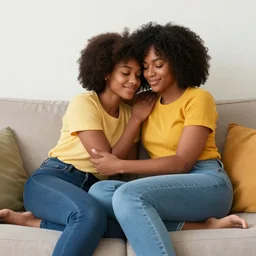 beautiful colorful portrait of an black lesbian couple cuddling on the sofa, 2 8 4, romantic, highly detailed, smooth, stylized, medium shot, vector line art, clean cel shaded vector art, by lois van baarle, ross tron, artgerm, helen huang, makoto shinkai, ilya kuvshinov, rossdraws