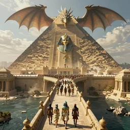 fantasy scifi scene martin deschambault and canaletto and andreas rocha of gods of egypt and many soliders marching in formation on a bridge leading to a gigantic pyramid temple, nicol bolas dragon on top of the pyramid, epic cinematic composition, fine details, unreal engine, hyperrealism, octane render, aerial symmetrical view