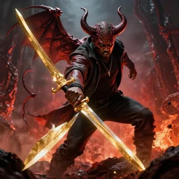 kanye west fighting against demons with his golden sword in hell , 8k, hyper realistic, insanely detailed, legendary scene, octane render