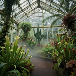 a victorian greenhouse with carnivorous plants, vines, ferns, fog, gloomy atmosphere inside, highly detailed, cinematic lighting, perfect composition, 4 k, gustave dore, derek zabrocki, greg rutkowski, belsinski, octane render