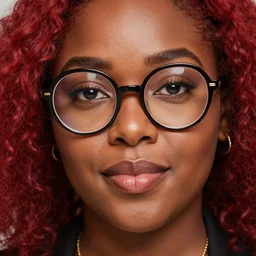 closeup at a African beuty woman, with red hair and big round glasses, award winning photo, 4K