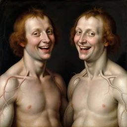 siamese twins made of veins, looking into camera, laughing, by giuseppe arcimboldo and ambrosius benson, renaissance, intricate and intense oil paint, a touch of beksinski and hr giger and edward munch, realistic