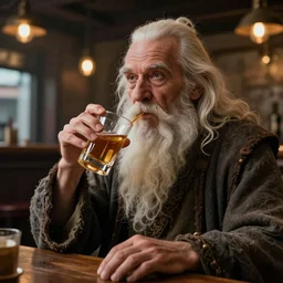alcoholic old sage wizard drink tequila in modern pub, realistic fingers, realistic body, realistic clothing, beautiful texture, beautiful graphics, fantasy artwork, very beautiful scenery, hd, hdr, ue 5, ue 6, unreal engine 5, cinematic 4 k wallpaper, 8 k, ultra detailed
