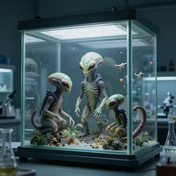 an experimental laboratory with alien creatures inside the glass, concept art, 8 k