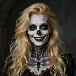 a beautiful smiling fancy undead skull lady with long blonde hair by dan mumford and gil elvgren