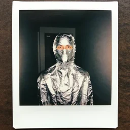 polaroid, man wrapped in aluminum foil, eyes illuminated, dimly lit hallway