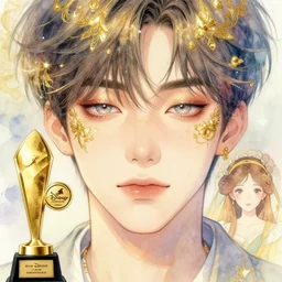 korean idol with sparkling eyes, closed up portrait, highly detailed, gold filigree, epic, stunningly beautiful, insanely detailed, fantasy, soft cinematic lighting, award, disney concept art, watercolor illustration by makoto shinkai and hayao miyazaki, mandy jurgens and alphonse mucha and alena aenami, pastel color palette, featured on artstation