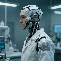 a laboratory operator man with cybernetic enhancements seen from a distance, scifi character portrait by greg rutkowski, craig mullins, 1 / 2 headshot, cinematic lighting, dystopian scifi gear, profile picture, mechanical, cyborg, half robot