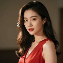 woman in a red sleeveless dress, out of focus