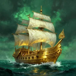 gold galleon ship, green sea, storm. bloom, lighting. fantasy, digital painting, hd.