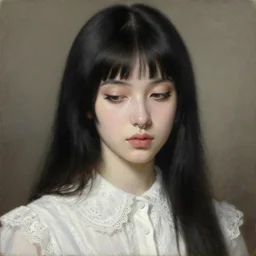 a detailed oil portrait of a beautiful pale - skinned girl in a white lace collar shirt, with long black hair and short bangs, the corners of the brown eyes with very long eyelashes are turned down, small nose with piercing ring,, plump lips by francisco goya