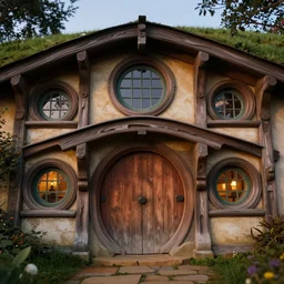 low angle front facing view of hobbiton architecture with rounded windows and wooden doors, textured carved wood material, photorealistic, highly detailed, evening, unreal engine 5