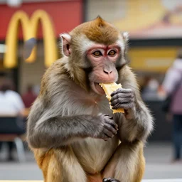a monkey eating in mcdonalds, photorealistic