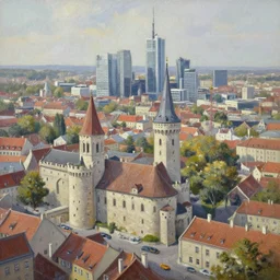 oil paint birds eye view of a medieval city with modern skyscraper instead of towers