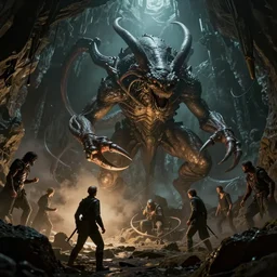 the kraken fighting cthulhu in a dim cave, a lone sentry watches the fight in the foreground, lovecraftian, by hp lovecraft, by greg rutkowski, by francois launet, by andree wallin, by zdzislaw beksinski, thalassophobia, very detailed, octane render, cinematic lighting, volumetric lighting, 8 5 mm