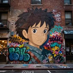 a city filled with graffiti, studio ghibli, street art