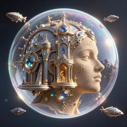 space ship, half soap bubble mind, half highly detailed ornate with jewels and precious metals futuristic, half sandman kingdom, half kingdom of dreams, space ships, hiperrealistc, global illumination, radiant light