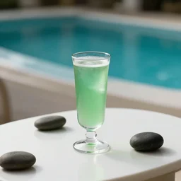 5 5 mm photo of long green cocktail on a zen minimalist white table with luxury pool in the background. highly detailed 8 k. intricate. lifelike. soft light,
