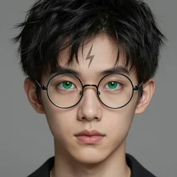 boy thin face, black hair, and green eyes. round glasses, lightning bolt scar on forehead, hyper realistic face, beautiful eyes, fantasy art, in the style of greg rutkowski, intricate, hyper detailed, smooth