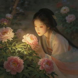 ancient fantasy garden at night, beautiful woman caring for peonies, beautiful face, focus on face, natural pose,, ethereal warm light, mist, fantasy world, coherent composition, rule of thirds, shallow depth of field, detailed fantasy painting, yuumei, noriyoshi ohrai, ( ( rolf armstrong ) )