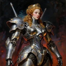 a baroque neoclassicist close - up renaissance portrait of an 1 8 0 0 s gundam mecha queen. reflective detailed textures. glowing colorful fog, dark background. highly detailed fantasy science fiction painting by moebius, norman rockwell, frank frazetta, and syd mead. rich colors, high contrast. artstation
