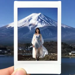 a instax photo of fuji mountain, a tall japanese girl in a transparent sheer fabric dress against the background of fuji mountain, severe snow, full body shot, by peter kemp, by monia merlo, hyperrealistic, hyperdetailed, octane render, 8 k