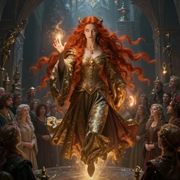 Fantastic, fairytale painting, medieval, Beautiful, sorceress, long flowing red hair, intense glowing eyes, light emitting from fingetips, hovering, ornate gown, royalty, surrounded by a crowd of people, onlookers, kingdom, hyperrealistic, dungeons and dragons, painting