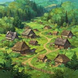 Beautiful detailed high quality illustration of a Slavic village, beautiful forest on background::art by Ghibli Studio, League of Legends, Arcane, Wild Rift, trending on artstation