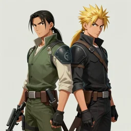 solid snake and aloy standing back to back, posing, medium shot, natural lighting, digital art, illustration, highly detailed, photorealistic, by luis royo,