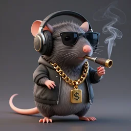 furry gangster rat wearing headphones  and a gold chain, smoking a blunt,  3d render, blender, 4k