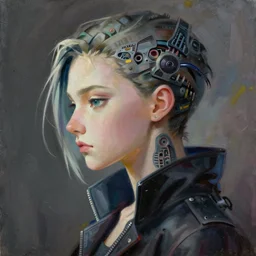 anime cyberpunk korean rooney mara, intricate side profile oil painting by greg rutkowski, trending on artstation