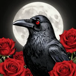 portrait, A crow with red eyes in front of the full big moon, book cover, red roses, red white black colors, establishing shot, extremly high detail, foto realistic, cinematic lighting, pen and ink, intricate line drawings, by Yoshitaka Amano, Ruan Jia, Kentaro Miura, Artgerm, post processed, concept art, artstation, matte painting, raphael lacoste, alex ross