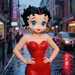 night flash portrait photography of betty boop on the lower east side by annie leibovitz, raining!!!! colorful!, nighttime!,