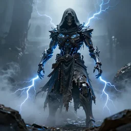 character and environment design, biomechanical arcanis, tattered robe and hood, blue lightning, fog, scary, arrogant, hostile, photorealistic, cinematic, hyper realistic, octane render, 8 k, wide angle