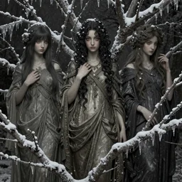 goddesses symbolizing the 3 winter months, somber mood, style mix of æon flux, shepard fairey, botticelli, john singer sargent, pre - raphaelite, shoujo manga, branches, snow, ice, dark muted colors, superfine ink detail, ethereal, 4 k photorealistic, arnold render