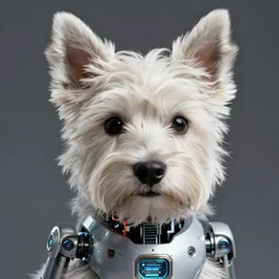 west hightland white terrier robot, character portrait, portrait, close up, concept art, intricate details, highly detailed, sci - fi poster, cyberpunk art, in the style of looney tunes