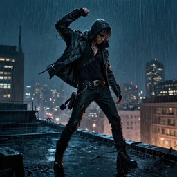 night life daredevil on rooftop heavy rain digital art, fantasy, highly detailed, art by greg rutkowski