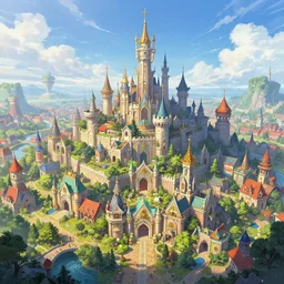 a kingdom in a fantasy world, wide shot, colorful, high fantasy, rutkowski, professional artwork, sunny, clouds, detailed, highly detailed buildings, artstation, jim burns,