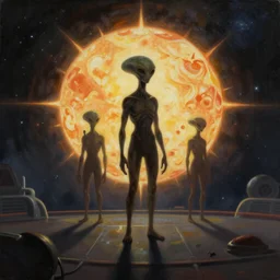 A matted painting of humanoid Aliens of the Sun on a spaceship environment with expansive views of space, inspired by greg rutkowski and Keith Mallett, digital art, extremely moody lighting, glowing light and shadow, atmospheric, shadowy, cinematic
