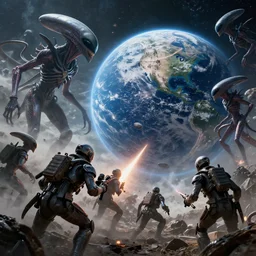 an epic space battle fought between humanity and an alien species with the earth near destruction, high detail, high definition, photorealistic, 8k