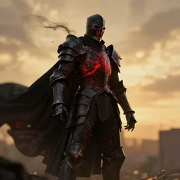 the skeleton knight of death in black armor glowing red with a black cape billowing in the wind, golden hour, caustics, shallow depth of field, moody lighting, 8 k, concept art,