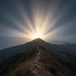 a small mountain ridge, dramatic, ultra - wide angle, long exposure, ultra - hd, beautiful lighting, ray tracing studio illumination, in a symbolic and meaningful style, heavenly perspective, trending, award wining, featured, concept art, hyper realism
