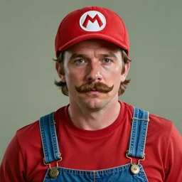 a film still portrait of chris pratt with a mustache and dressed with a red shirt blue denim overalls with a mario cap in real life as a real person, grotesque, disturbing, disgusting, realistic hyperrealistic 4 k resolution 8 k resolution highly detailed very detailed extremely detailed hd quality detailed face very detailed face extremely detailed face trending on artstation, modern portrait, modern photograph, film still