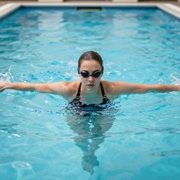 photograph of aubrey plaza swimming in a pool, highly detailed, symmetrical, nikkor 8 5 mm f / 1. 8 g