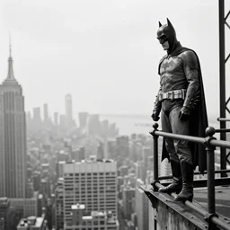old black and white photo, 1 9 1 3, depicting batman from dark knight on top of skyscraper steel bar overlooking new york city, rule of thirds, historical record