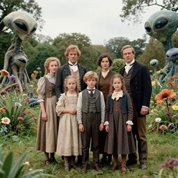 sharp, highly detailed, 43456k film, 175000mm film still from a sci fi blockbuster color movie made in 2019, set in 1860, of a family standing in a park, next to some strange alien plants and flowers, on an alien planet, the family are all wearing 1860s era clothes, good lighting, ultra high definition, ultra enhanced faces, in focus, 35mm macro lens