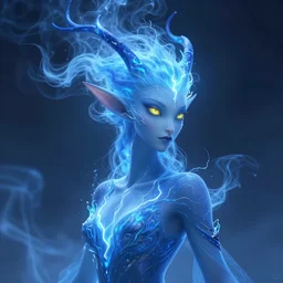 wispy smoky polite blue air elemental djinn with yellow eyes and lightning; detailed, best on artstation, cgsociety, wlop, cosmic, epic, stunning, gorgeous, masterpiece