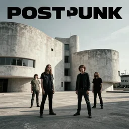album cover for a post - punk band featuring dystopian modernist brutalism