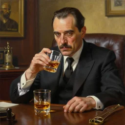 beautiful oil matte portrait painting, mafia boss drinking whiskey at his 5 0 s new york office desk, wonderful masterpiece highly detailed, beautiful cinematic light deep focus, elegant, digital painting, smooth, sharp focus, golden ratio, dramatic illumination, ultra realistic, 8 k, art by jimmy law