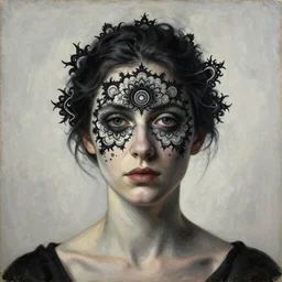 dramatic portrait painting of woman with black mandelbrot fractal instead of face, in style of zdzisław beksinski,